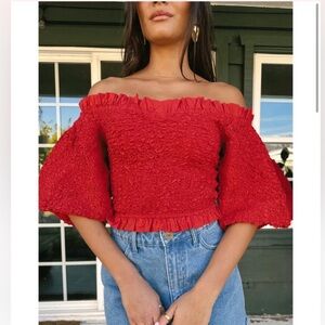Show Me Your MuMu Red Ruffled Smocked Blouse 3/4 Sleeve